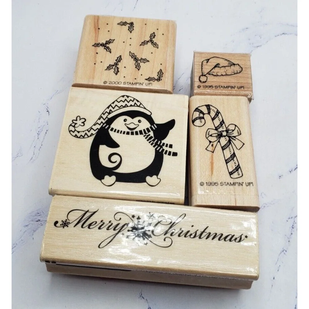 Christmas Themed Lot of 5 Holiday Wood Mounted Rubber Stamps